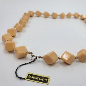 Vintage Beige Lucite Diagonal Cube Link Necklace 23" Silver Tone Clasp & spacers